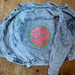 Stefano Ricci Acid Wash Jean Jacket with Pink and Green Patch
